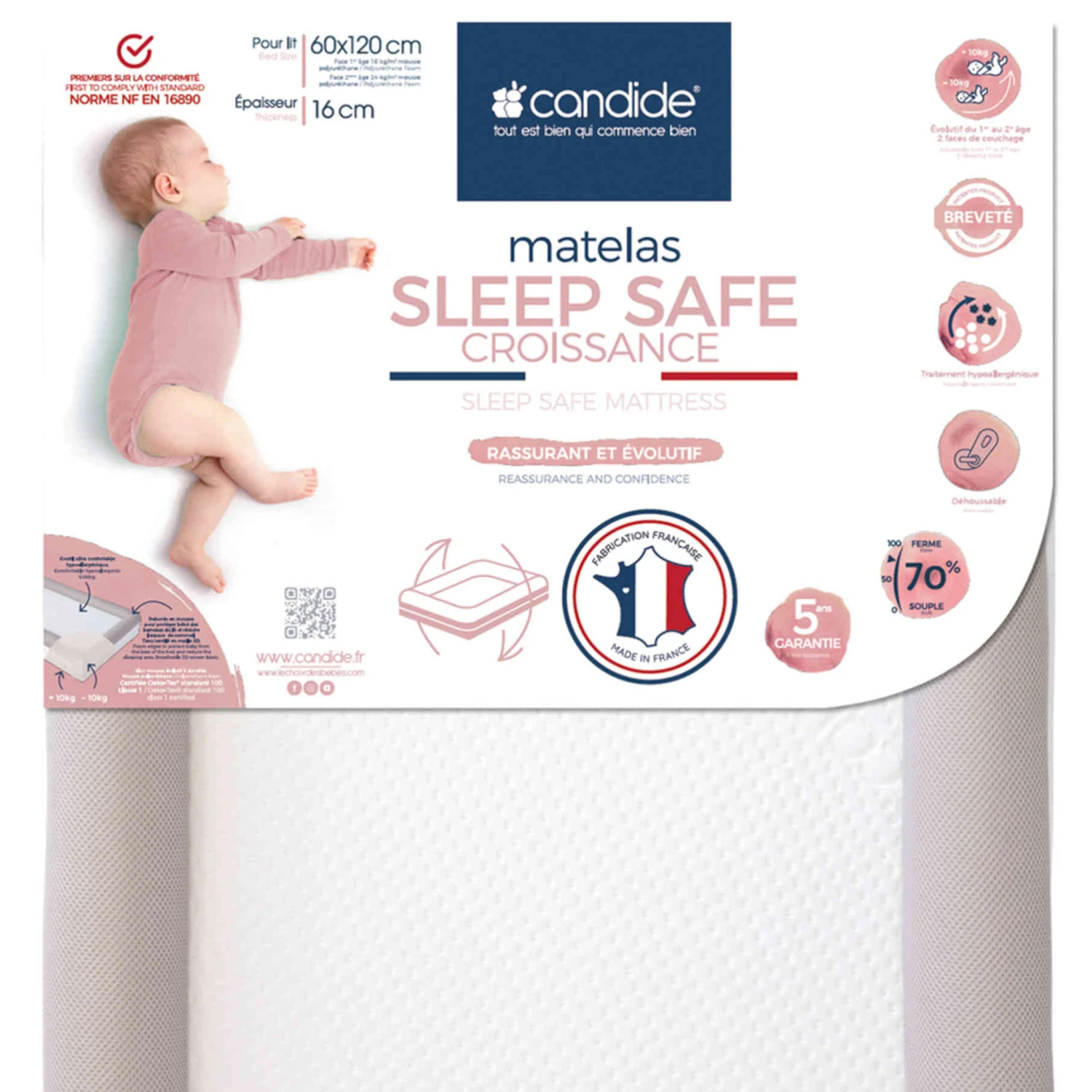 Candide Matelas Bébé Déhoussable SLEEP SAFE CROISSANCE 2 Candide Matelas Bébé Déhoussable SLEEP SAFE CROISSANCE – Image 2