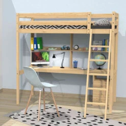 Lit Mezzanine Avec Bureau En Bois Massif 90x190 - LT14037