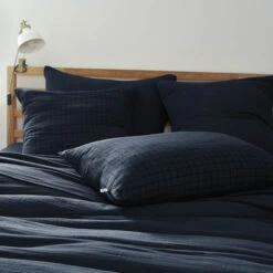 Taie D'oreiller à Carreaux Double Gaze De Coton Marine