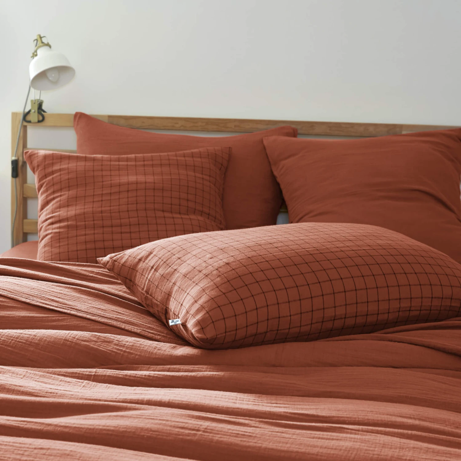 Taie D'oreiller à Carreaux Double Gaze De Coton Orange 1 Taie D'oreiller à Carreaux Double Gaze De Coton Orange