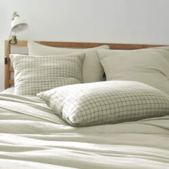 Taie D'oreiller à Carreaux Double Gaze De Coton Vert D'eau