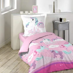 Parure De Lit Enfant Licorne Rose 140x200