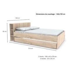 Lit 2 Tiroirs Avec Tête De Lit étagères En Bois 140x190 - LT14018 -Lematelas Soldes Boutique w15web144216bla031 3 dimensions 1