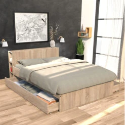 Lit 2 Tiroirs Avec Tête De Lit étagères En Bois 140x190 - LT14018 -Lematelas Soldes Boutique w15web144216che031 2 ambiance 1